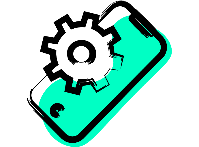 Smartphone with a settings icon representing cyber risks covered by QuickCover.ch for young adults